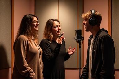 Cantores gravando em estúdio para jingle