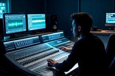 Engenheiro de áudio trabalhando em console de mixagem