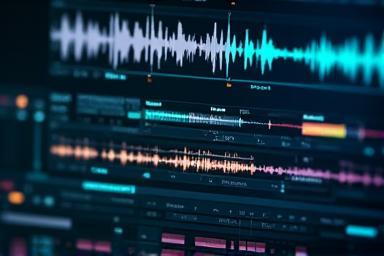 Interface de software de pós-produção de áudio com forma de onda de vídeo