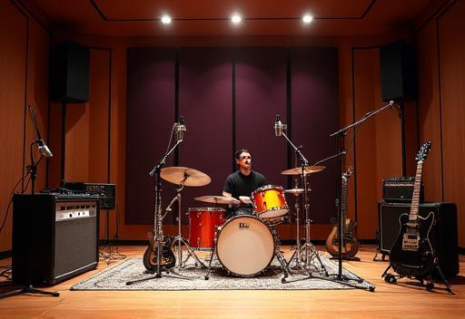 Sala ao vivo (Live Room) com bateria e microfones montados